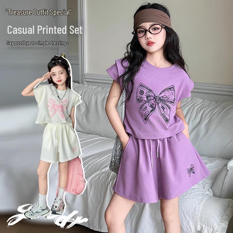 

Girls 2025 Stylish Korean Two-Piece Summer Suit - Short-Sleeved & Shorts 120 cm