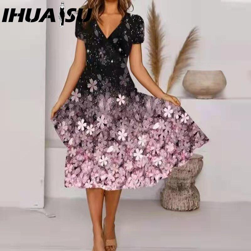 IHUASU Vestido midi de talla grande con escote en V, manga corta, dobladillo alto, informal, estampado floral colorido