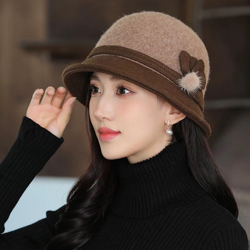 Woolen Bucket Hat Women's Autumn and Winter Warm Elegant British Retro Basin Hat Top Hat Winter Hat for Women