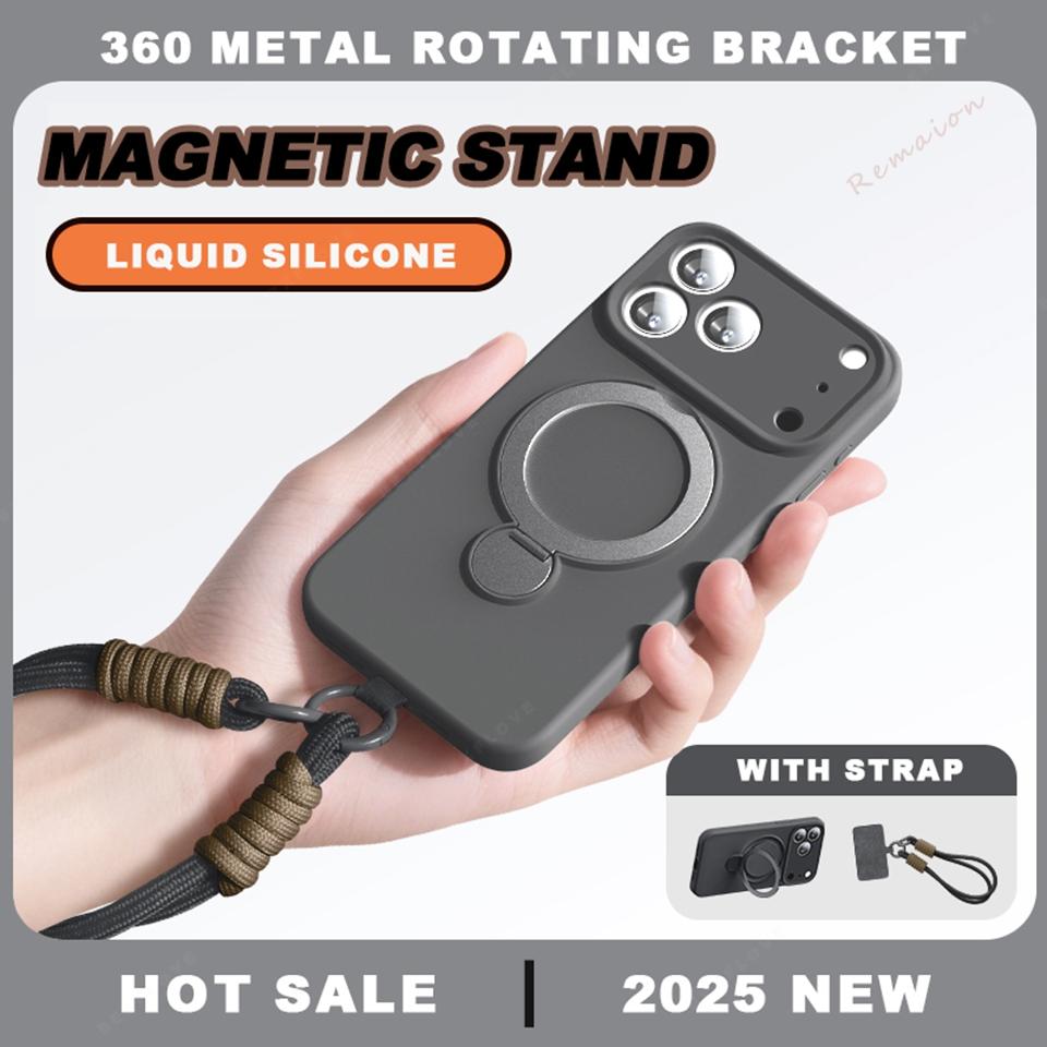 Magnetic Liquid Silicone Stand Phone Case For For Iphone 17 Air 13 14 1 16 17 Pro Max Plus 360 Charge Strap Protector Cover