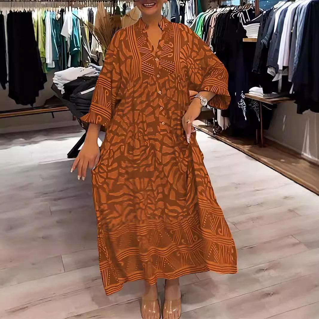 

Women s Floral Print V-Neck Button Down Midi Dress with Flared Skirt 4XL темно-коричневого кольору