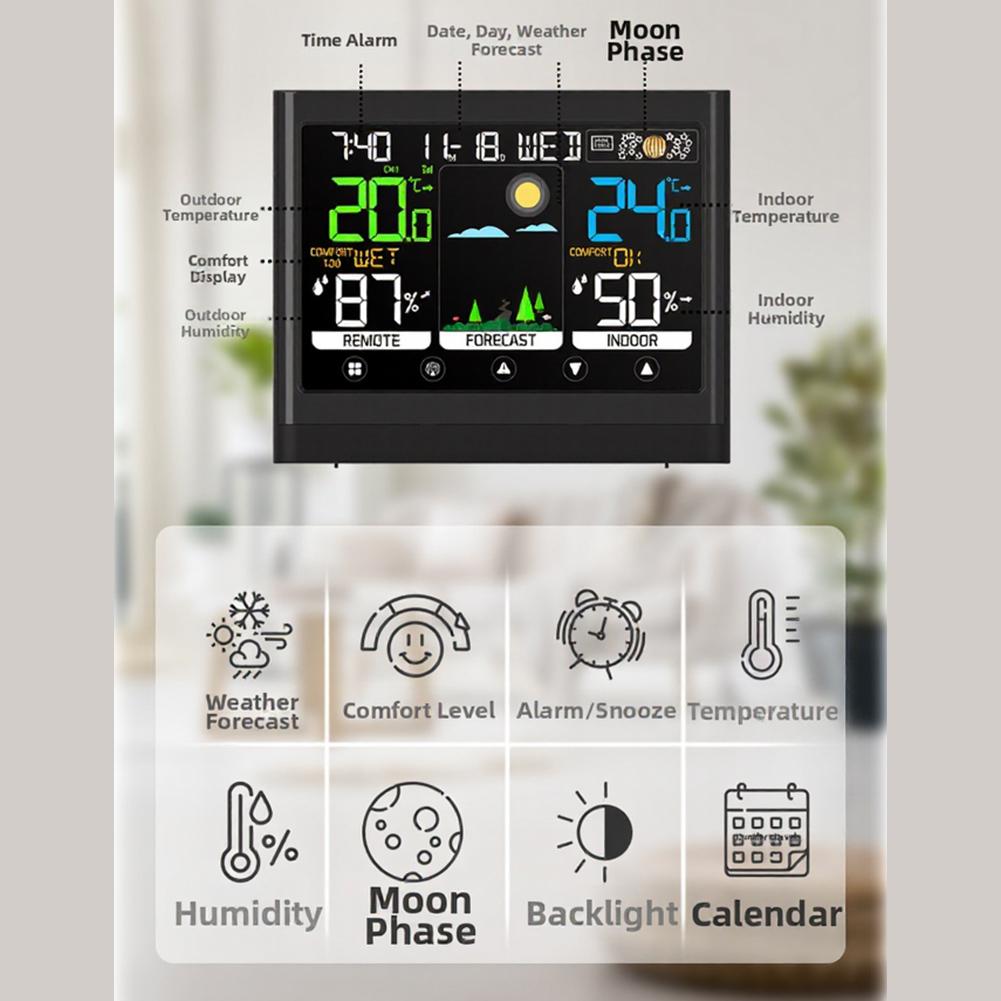 Digital Weather Clock with Touch Screen Technology for Indoor Outdoor Temperature Humidity Range Monitoring Function