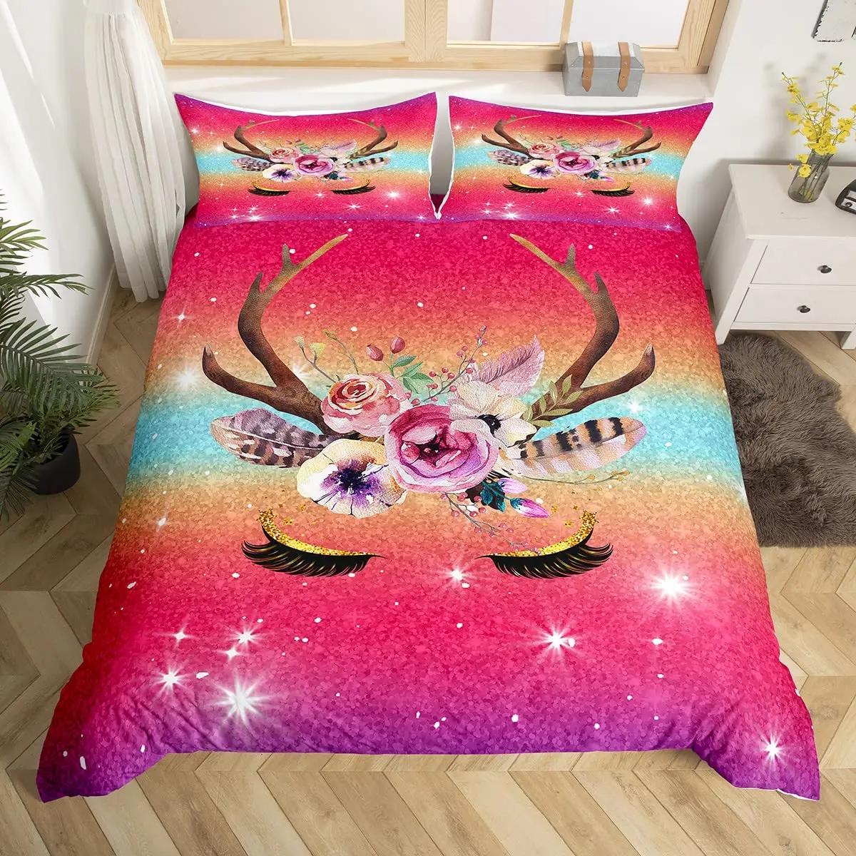 

Unicorn Eyelas Soft Duvet Cover Gradient Red plus Purple Rainbow Golden Long Lashes Glitering Polyester Bedrom Decorations Women Kid 120*200cm Single