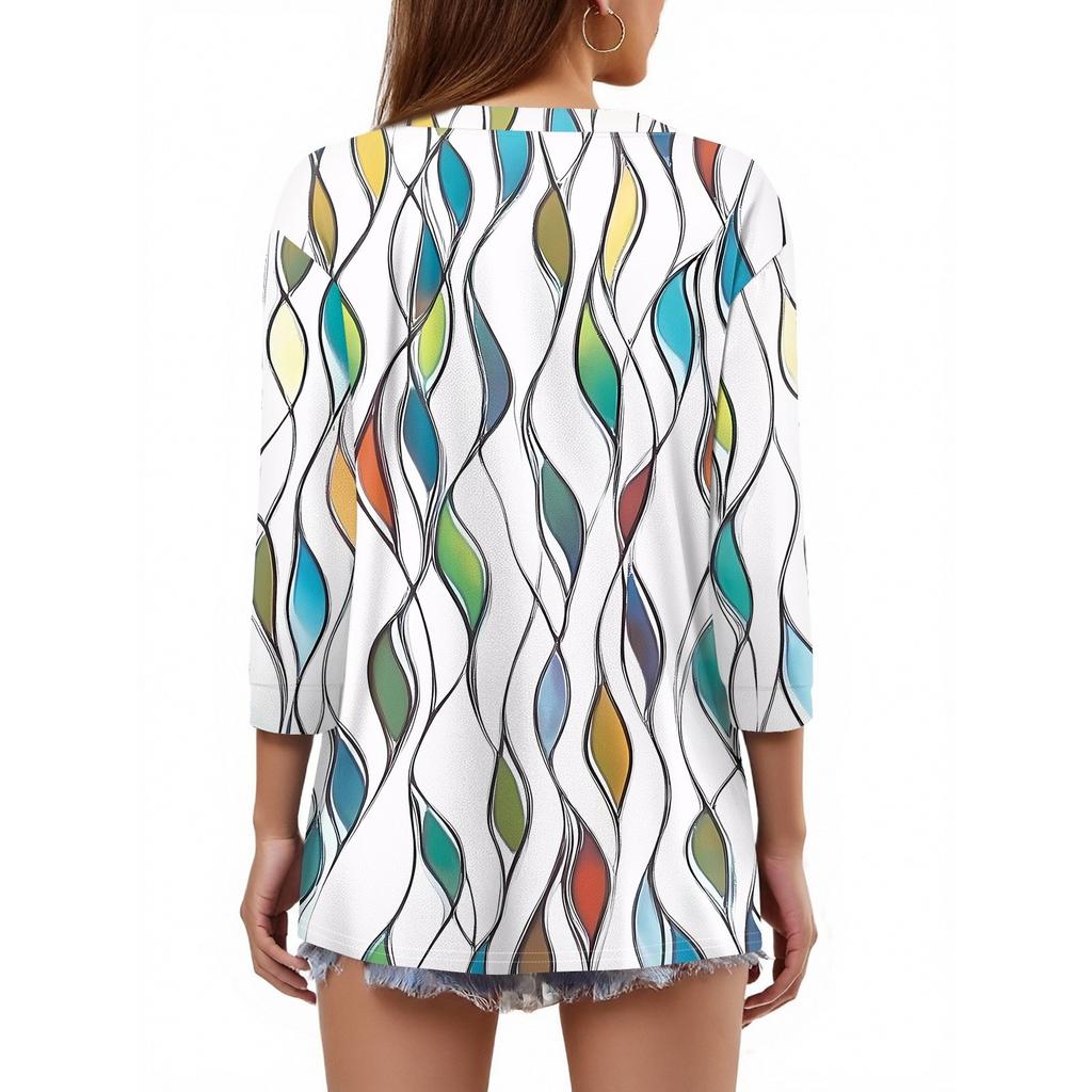 Women's T Shirt Print Button 3/4 Sleeve Daily Weekend Fashion Basic V- Neck Regular Top