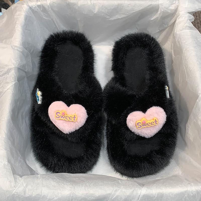 

Fashion Aphixta 2024 Sweet Warm Winter Furry Slippers Luck Love Decoration Cute Women Indoor Slippers Shoes Dec Flat Heel Hair Slides 35 чёрный