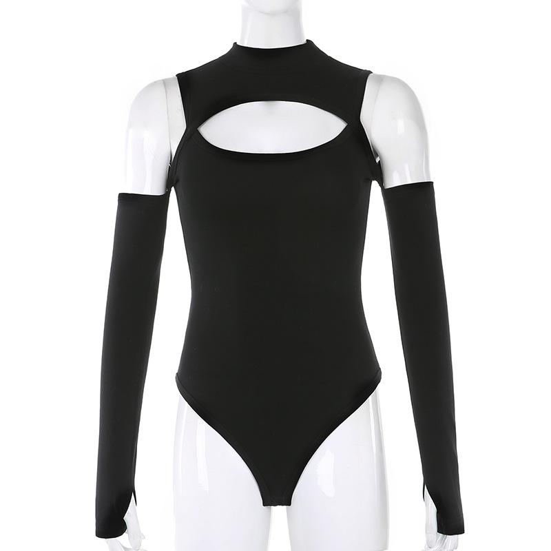 High Fashion Langermet Bodysuit for kvinner Ensfarget Hul Off-Soulder Jumpsuit med halv høy krage