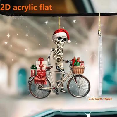 Christmas Skull Ornament Santa Hat Skeleton Riding Bicycle Acrylic Pendant Xmas Tree Hanging Decoration for Indoor/Outdoor Decor