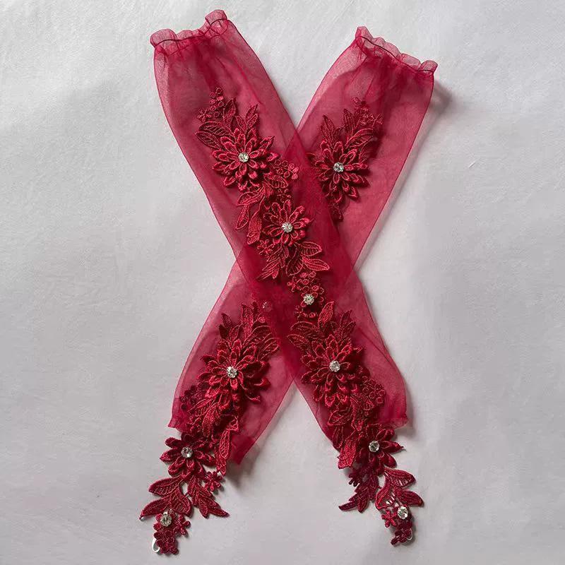 

1 пара перчаток без пальцев с вырезами, пэчворк, мягкие дышащие митенки для свадебного платья, кружевная вышивка красный/белый