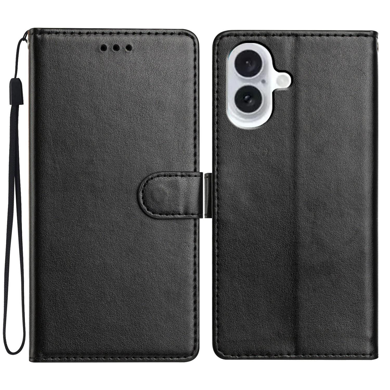 

For iPhone 16 Plus Leather Phone Case Wallet Stand Cover with Handy Strap Black
