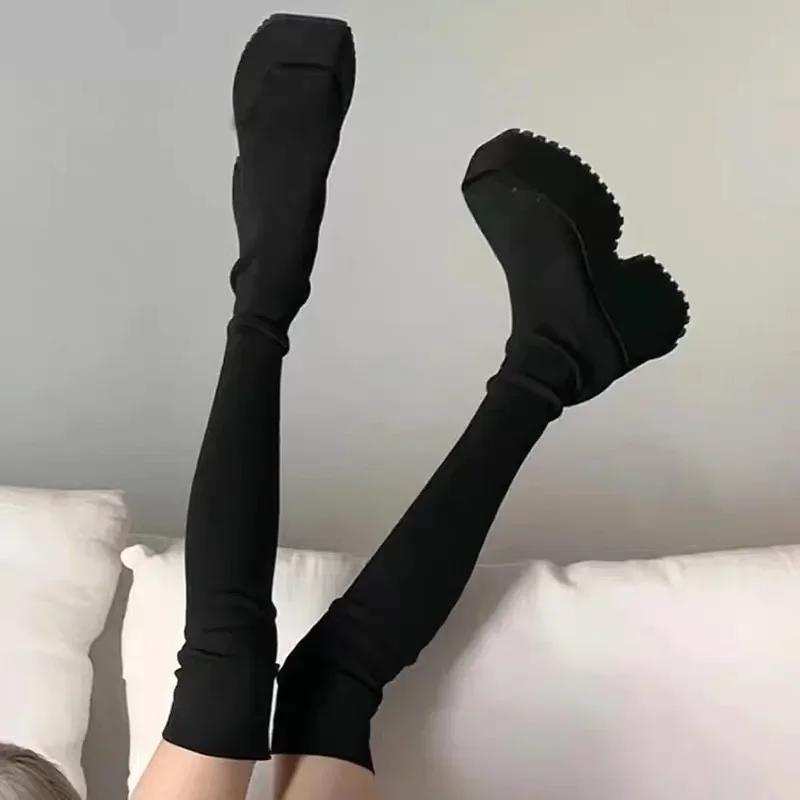 Fashion Women's Over The Knee Sock Boots Winter New Fashion Stretch Thick Heels Knitted Long Boots Women Slip on Platform Shoes