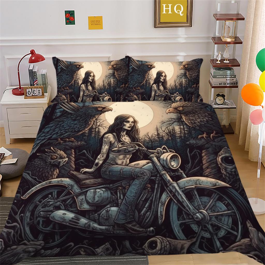 3D Dark Beauty Motorcycle Printed Bedding Set Beauty Skull Head Duvet Cover 2/3 Pieces AU180 * 210 Super Big Bed Room Quick Drying Home Decoration
