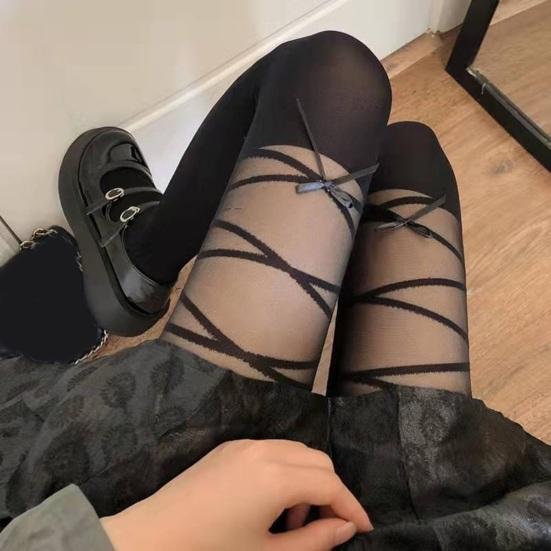 1 Pair Women Stockings Lace Patchwork Bow Decor High Elasticity Over Knee Length Skinny Solid