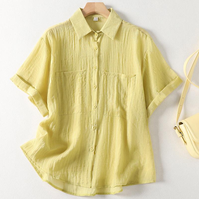 

Легкая дышащая летняя рубашка с короткими рукавами и отворотом, свободная плиссированная повседневная рубашка 2XL желто-зеленый