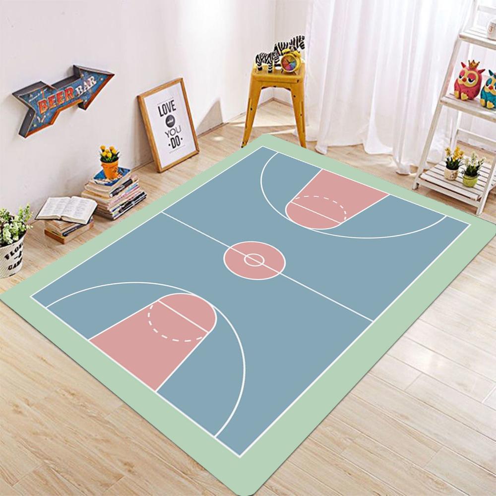 Großer Basketballplatz Muster Teppich für Wohnzimmer und Schlafzimmer Lebendiges Orange Sport Thema Bodenmatte Rutschfest Weicher Bereichsteppich
