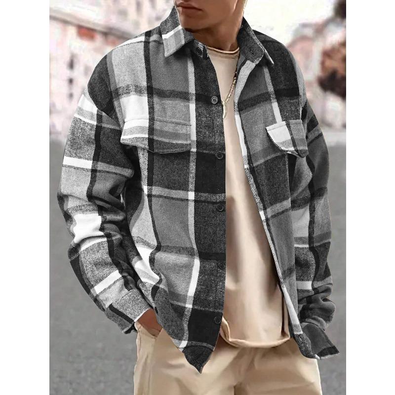 Men's Lapel Checkered Shirt Retro Brushed Casual Long-sleeved Jacket