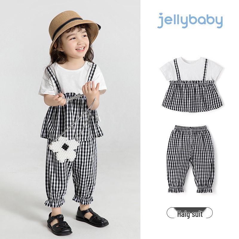 JELLYBABY Girls  Plaid Faux Two-Piece Summer Outfit 120