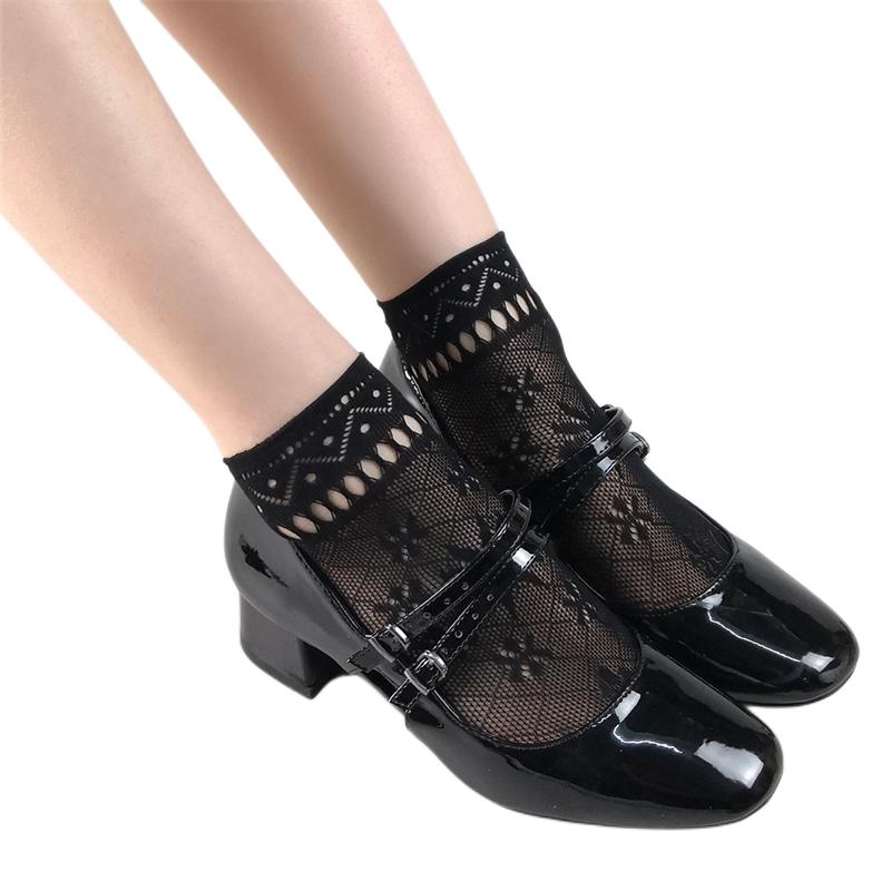 Women'S Black Fishnet Ankle Socks Retro Floral Dress Hollow Out Nylon Elastic In Patterned Short Socks