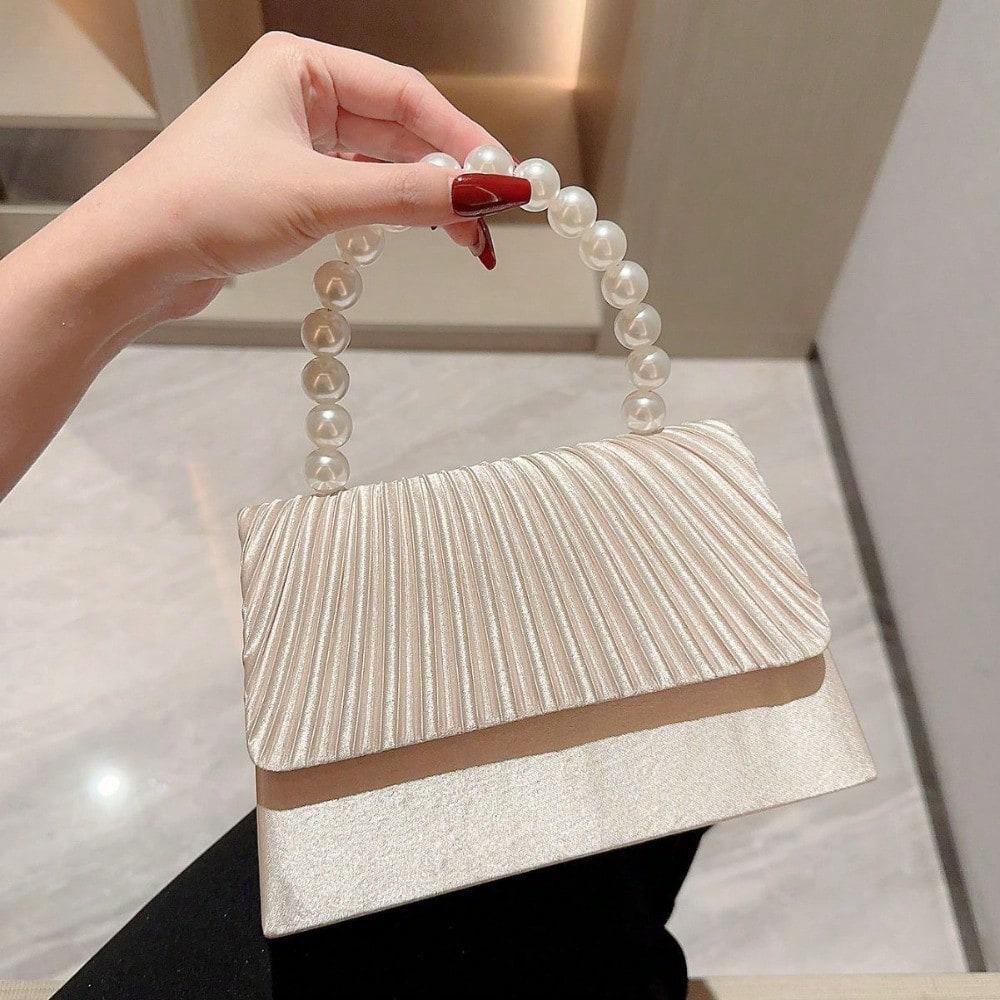 Dinner Bag Pearl String Handbag Dress Evening Bag Folded Flip Bag Women's Small Square Bag