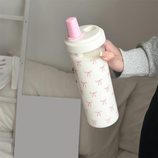 Pink Bow Print Water Bottle with Straw Lid 700ml Cute