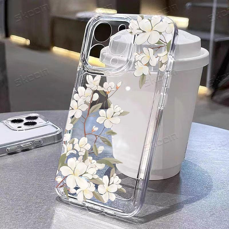 Delicate White Floral Green Leaves Phone Case for iPhone 17 16 15 14 13 12 11 16E Series Pro Max Plus Double Layer Protection
