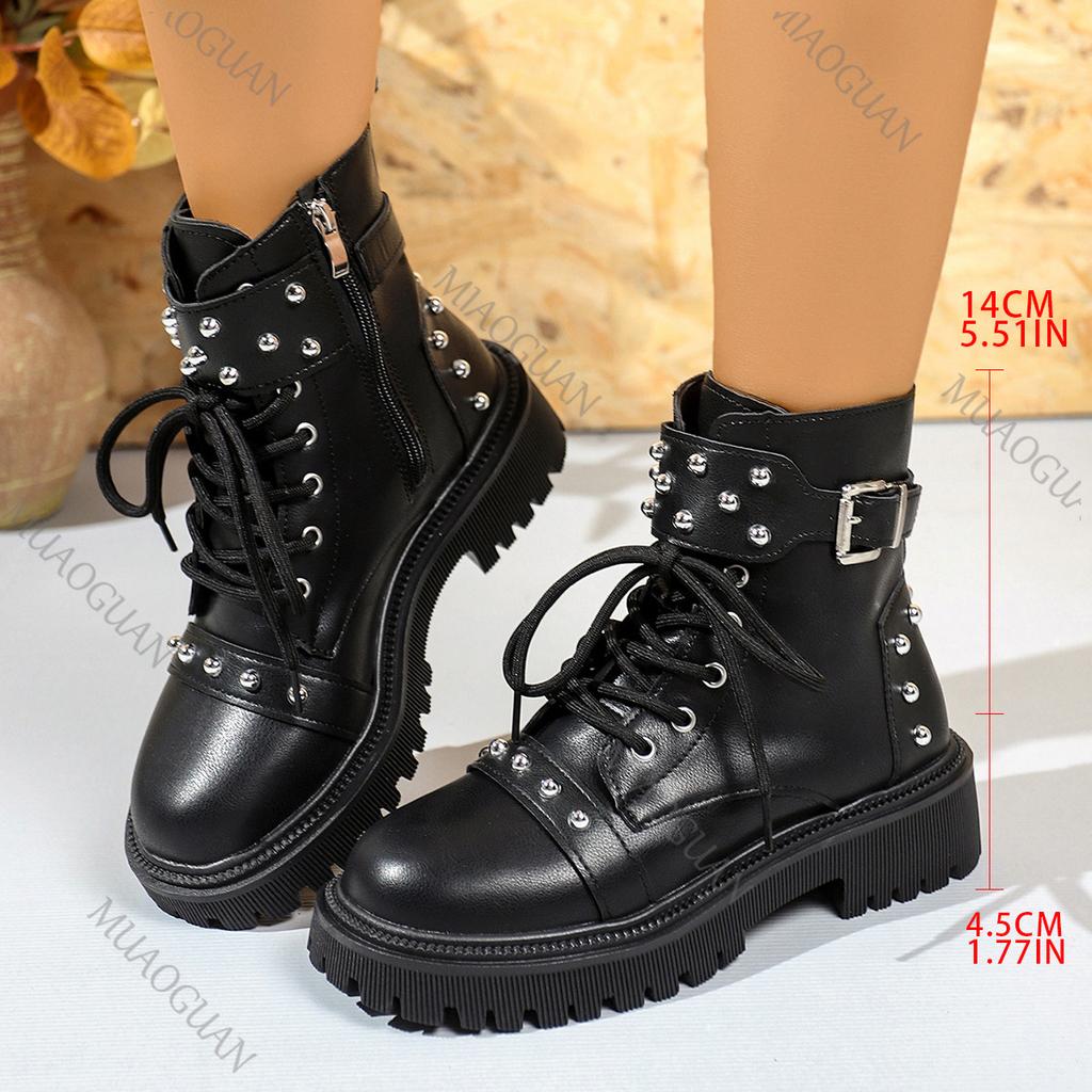 Modne Czarne Botki na Grubej Podeszwie z Nitami dla Kobiet w Stylu Punk z Klamrą Paskową Wiosna Jesień Damskie Buty Modne Podwyższające Krótkie Botki