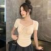 Pure Desire Style Design Sense Square Neck Drawstring Short Sleeve T-Shirt Women's Summer New Slim and Skinny Spice Girl Navel Shoulder Top