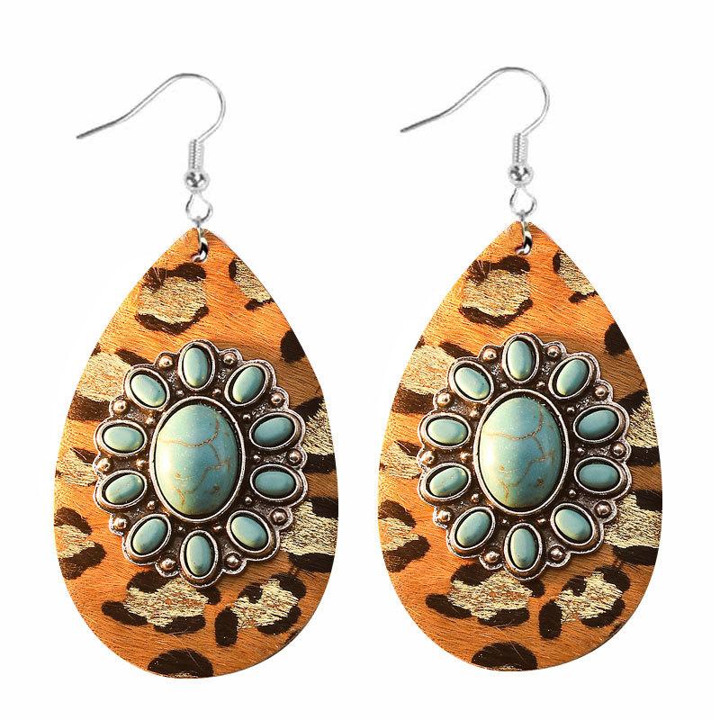 Exaggerated Metal Water Droplets Inlaid Turquoise Glass Earrings Leopard Exaggerated Personality Earrings Bohemian Retro Earrings