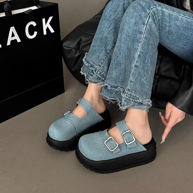 Gubalun denim versatile bag head half slippers women's wear 2025 summer new muffin platform Mueller shoes