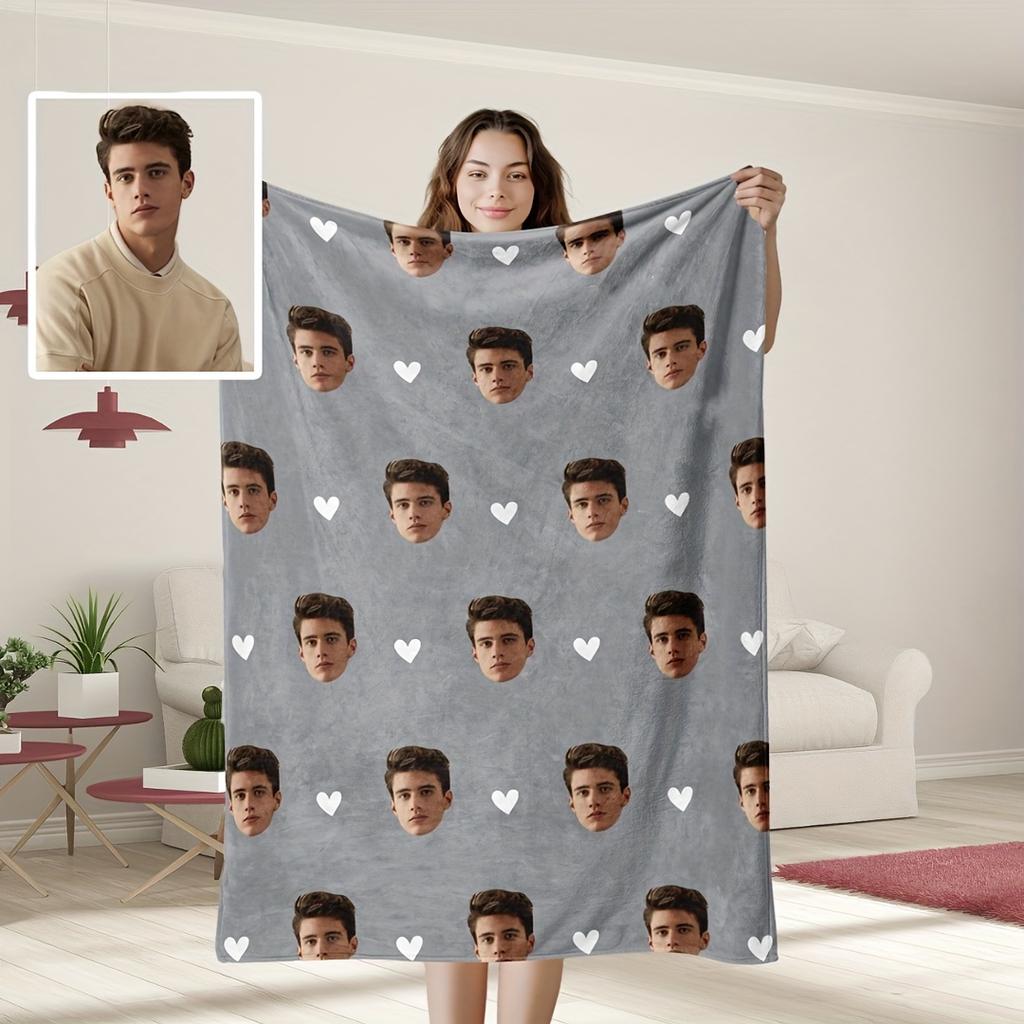 1pc Personalised Pet Flannel Blanket, Custom Photo Dog Blankets With Face Print, Warm Soft Dog Sleeping Mat Birthday Gifts, Grey