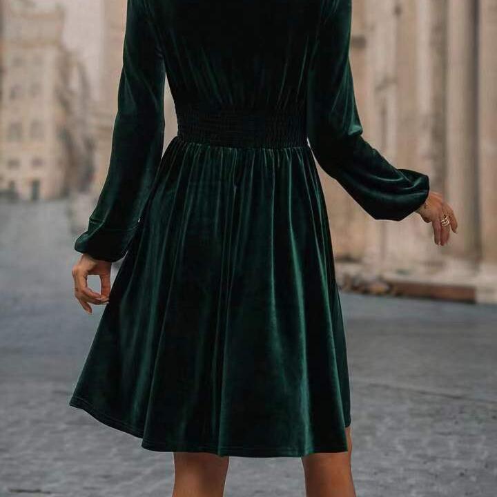 Damen Herbst Winter Mode Stehkragen Einfarbig Samt Langarm Kleid