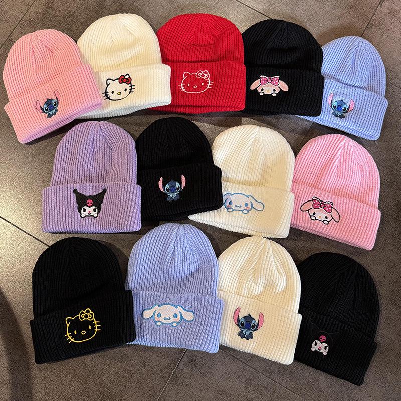 Korean Cute Embroidered Kitty Cat Knit Beanie - Warm Autumn/Winter Wool Hat with Ear Protection for Women, Large Head Circumference.