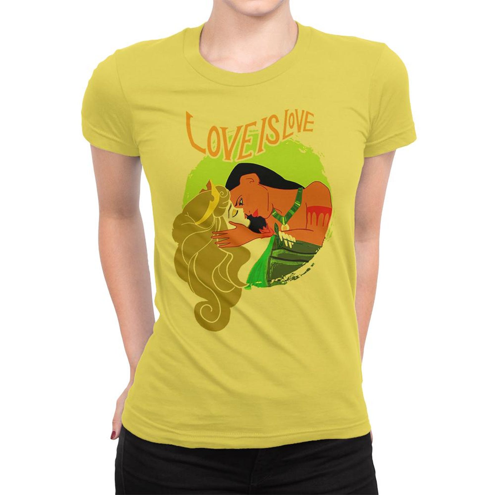 Pocahontas and Sleeping Beauty Love Is Love T-Shirt, Men s and Women s Sizes S