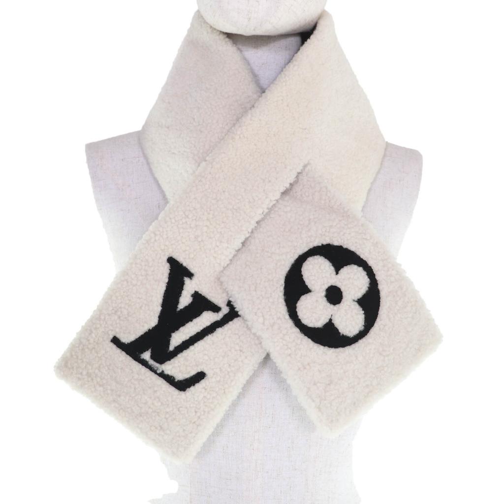 Great LOUIS VUITTON Scarf LV logo shearling mouton Ivory Sheep leather M77054 Used