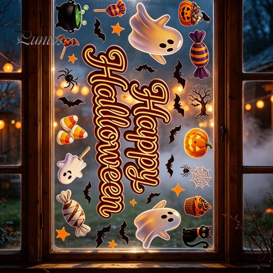 Home Window Ornaments Halloween Static Clings, Glass Stickers with Ghost Cat Bat Removable Holiday Decorations Patterns, Reusable Decals for