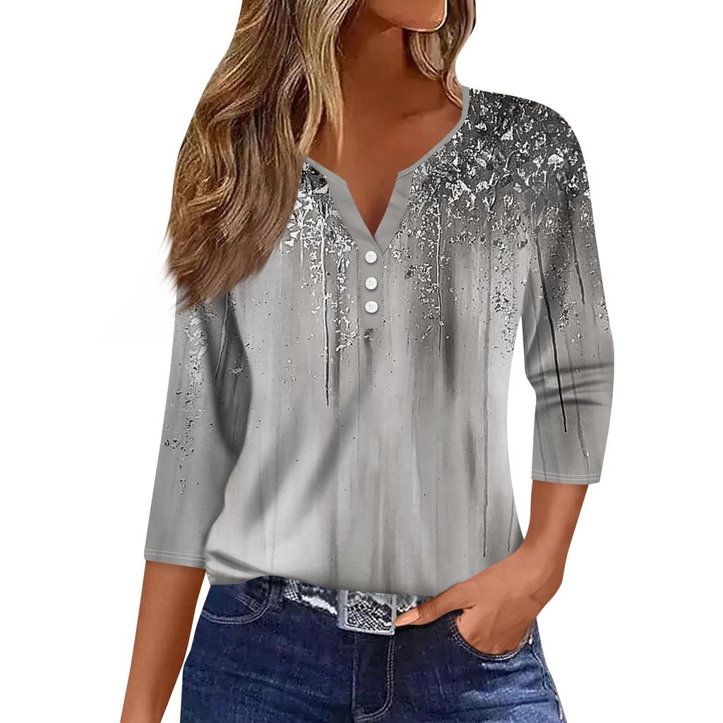 Dámské topy s 3/4 rukávem Květinový potisk Vintage Móda Ležérní Volné S výstřihem do V Košile větší velikosti