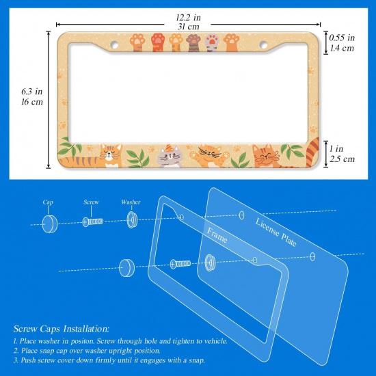 2PCS Yellow Cat Pattern License Plate Frames For Men Women - Universal Aluminum Stainless Steel Kitten Cat Mom Personalized Car Tag Covers Holder
