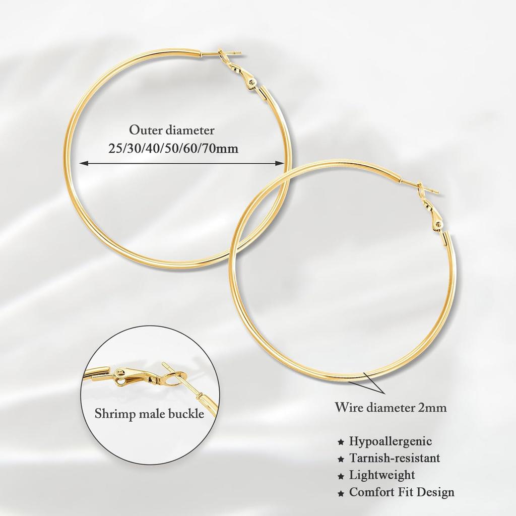 Classic Stainless Steel Big Circle Hoop Huggie Earrings for Women, 25mm/30mm/40mm/50mm/60mm/70mm