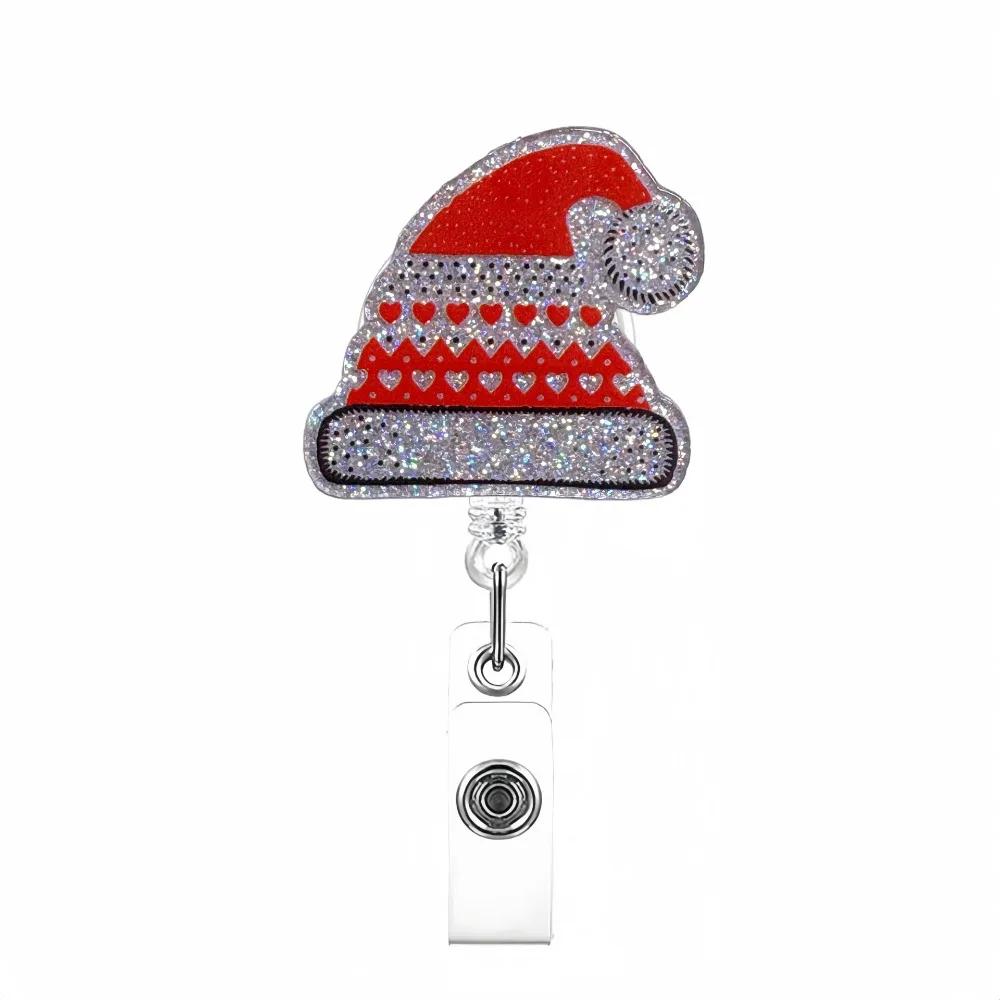 Retractable Christmas Badge Reels Acrylic Christmas Hat Snowman Elk Nurse ID Badge Holder Rotation Alligator Badge Clip Xmas