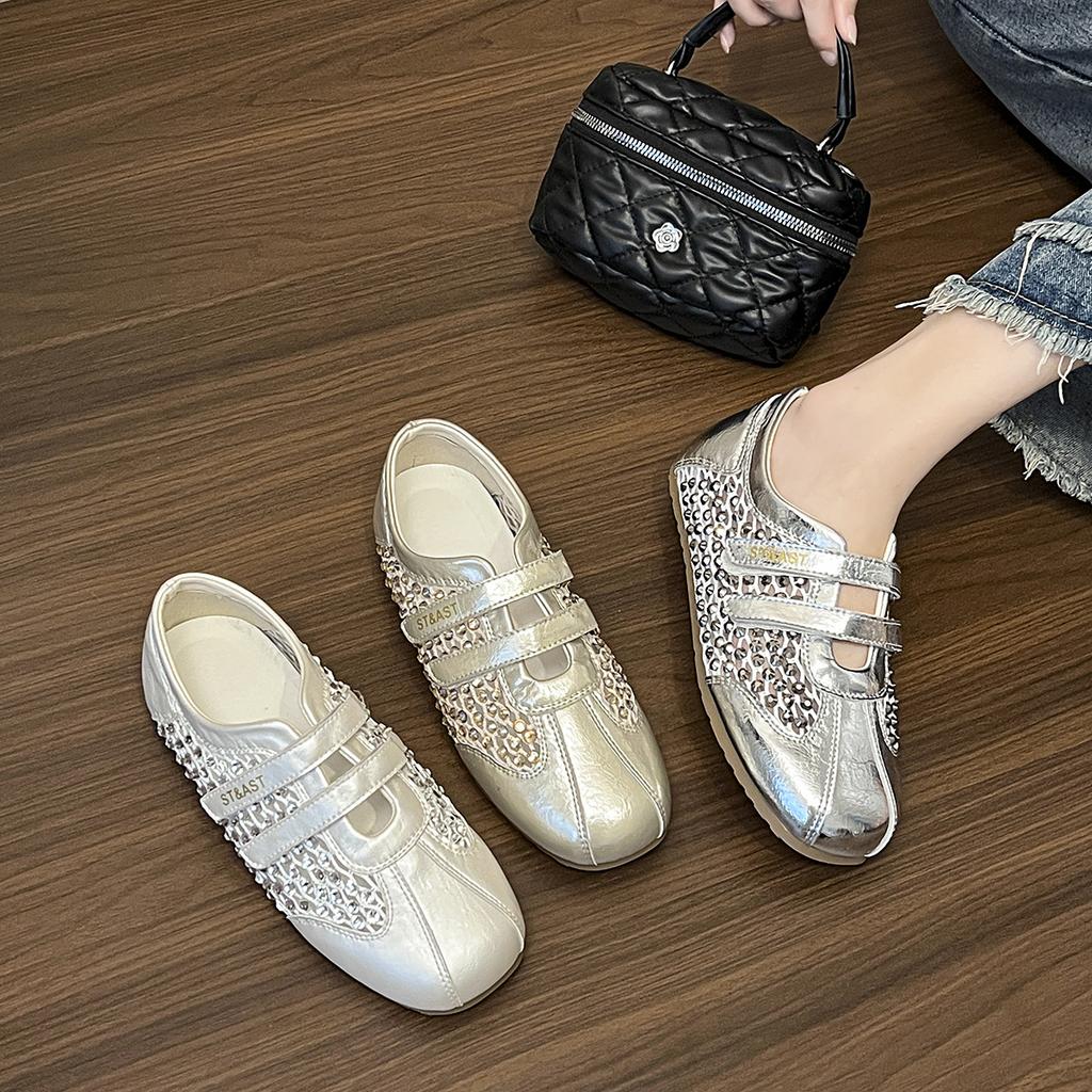 European fashion rhinestone casual shoes women's 2025 summer new Korean version breathable and lightweight Velcro Mary Jane single shoes