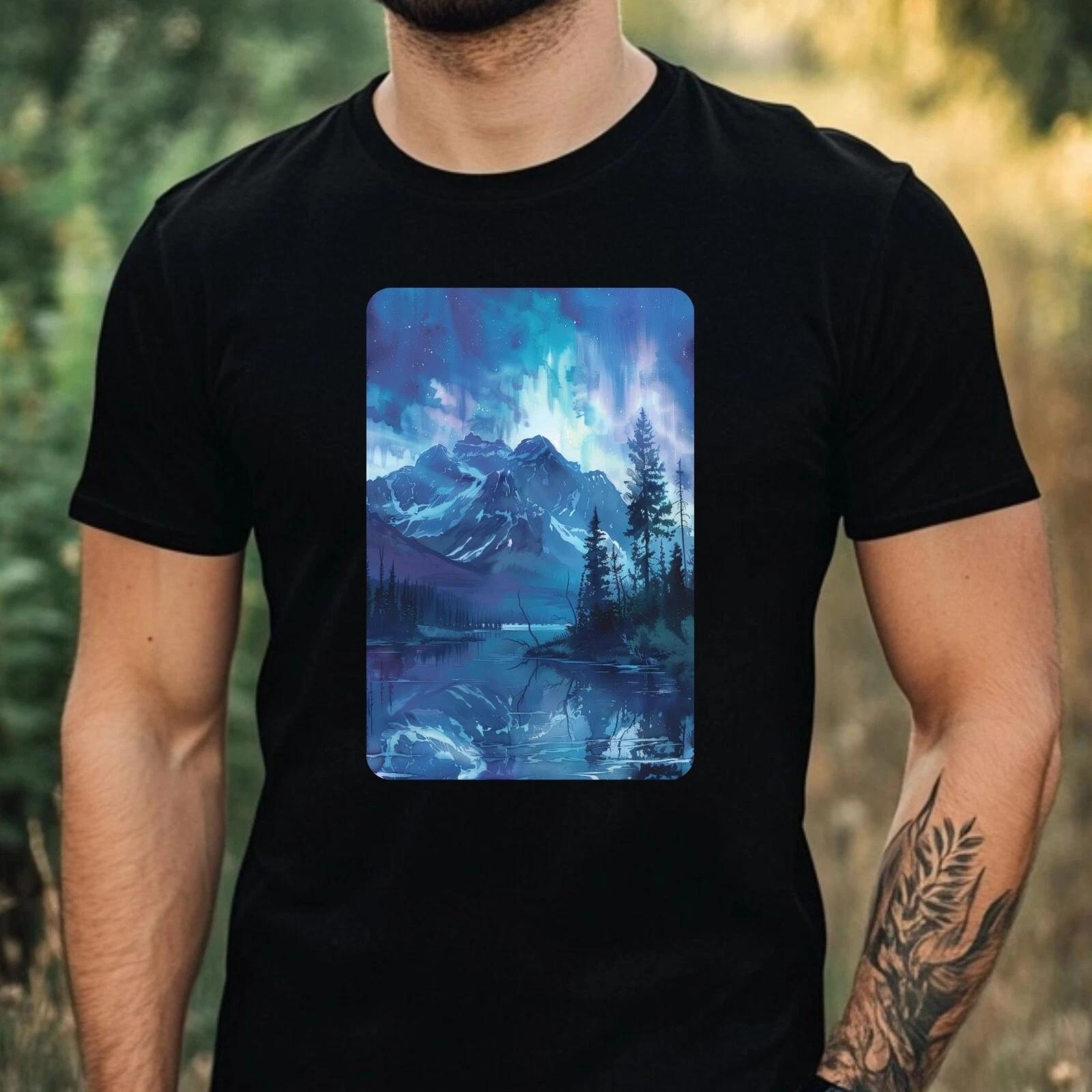 T-Shirt Herren Aquarell Nordlicht Motiv Baumwolle Größe XS bis 5XL XXXXL