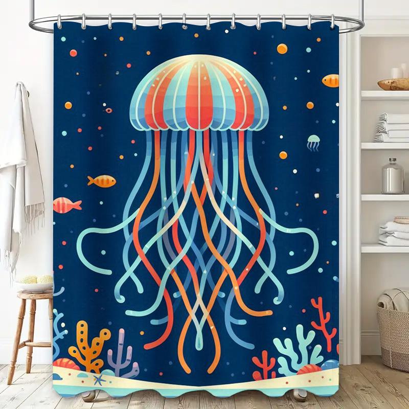 Bright Jellyfish Shower Curtain Ocean Blue Decorative Fabric Waterproof Bath Mat Liner Home Decoration Customized for Kids Bathr