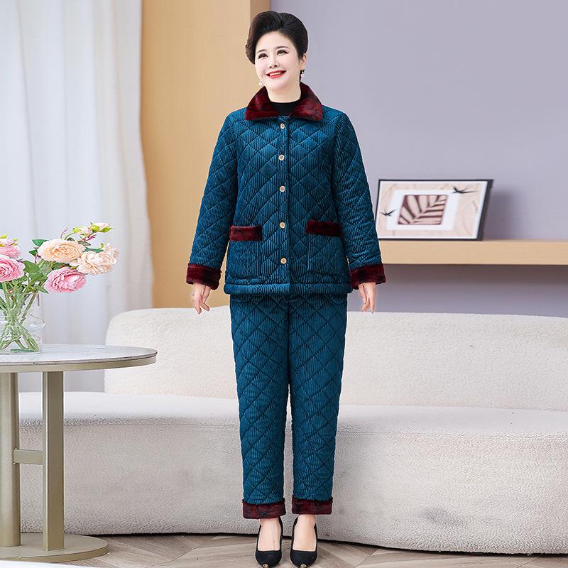 Plus Size Fleece-Lined Maternity Winter Pajama Set for Middle-Aged and Elderly Women