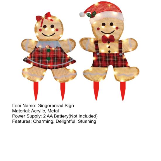 2 Pcs Christmas Gingerbread Man Yard Sign Lighted Gingerbread Boy And Girl Sign with Stake for Outdoor Lawn Patio Garden Decor