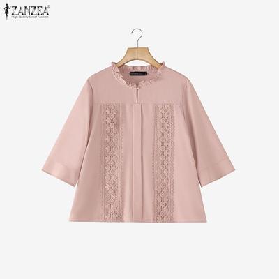 Women Casual Round Neck Loose 3/4 Sleeve Patchwork Blouse