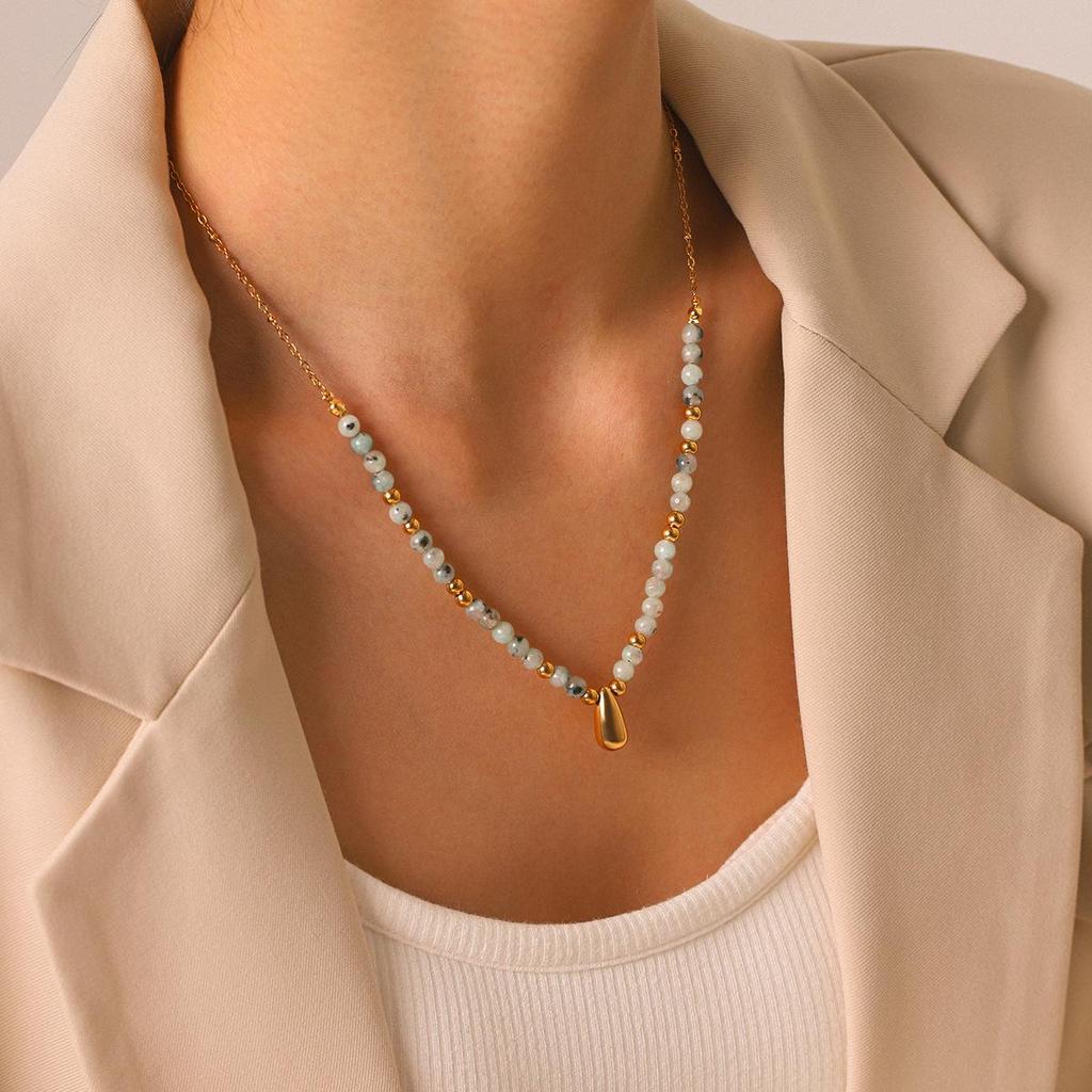 Huang Chao Natural Stone Water Drop Necklace with Stainless Steel Clavicle Chain.