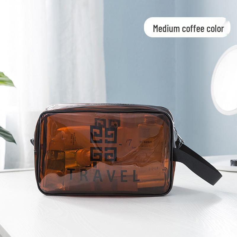 Transparent PVC Toiletry Bag with Wet and Dry Sections - Tea Color Makeup Storage