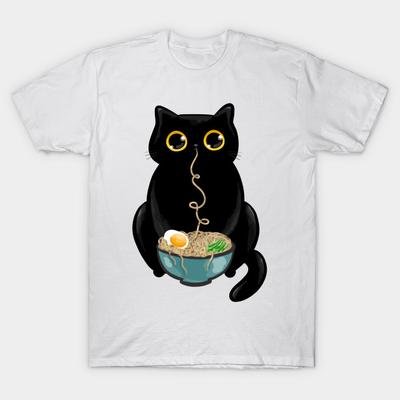 Men Black Print T-shirt Ramen Cat No-Cut Transfer Paper Print Cotton Tshirt