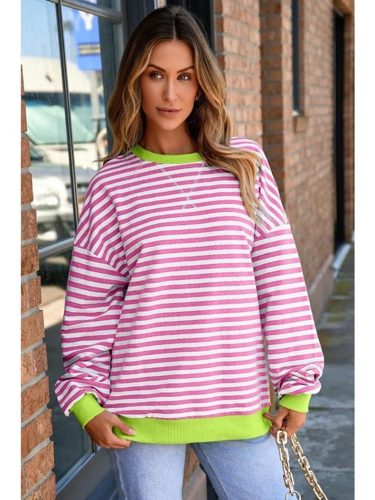 Dámská ležérní nadměrná pruhovaná mikina volného střihu pulovr top s dlouhým rukávem kulatým výstřihem pohodlný svetr tričko