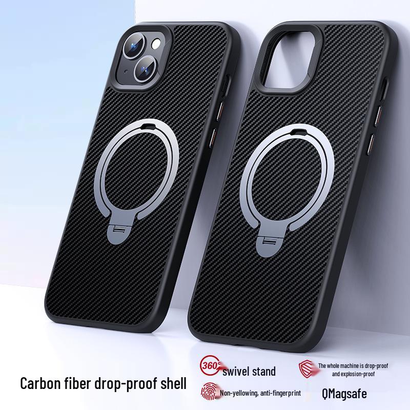 iPhone 16 Pro Carbon Fiber Case with Magnetic Double Ring Stand
