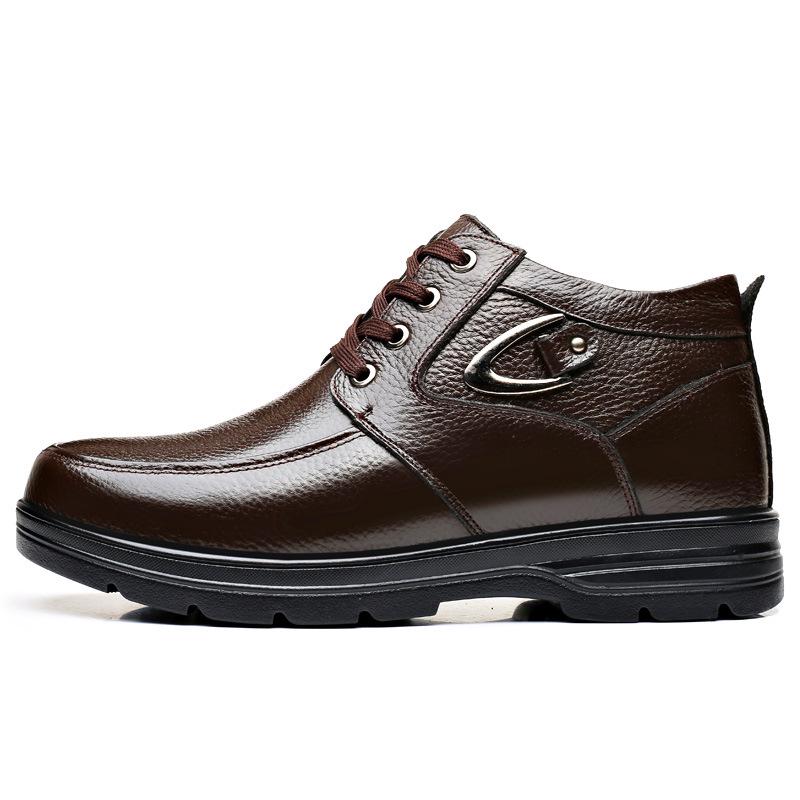 

Мужские зимние теплые хлопковые ботинки из натуральной кожи, утолщенная шерстяная подкладка, нескользящие сноубутсы для среднего и пожилого возраста 46